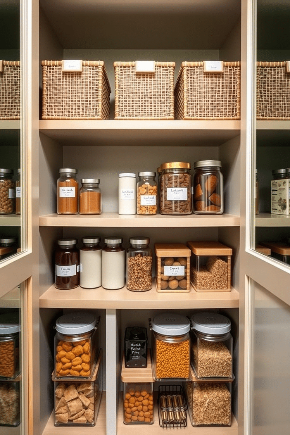 A modern condo pantry featuring bamboo organizers that provide an eco-friendly touch. The pantry showcases open shelving with neatly arranged jars and containers, complemented by a subtle green accent wall that enhances the natural theme.