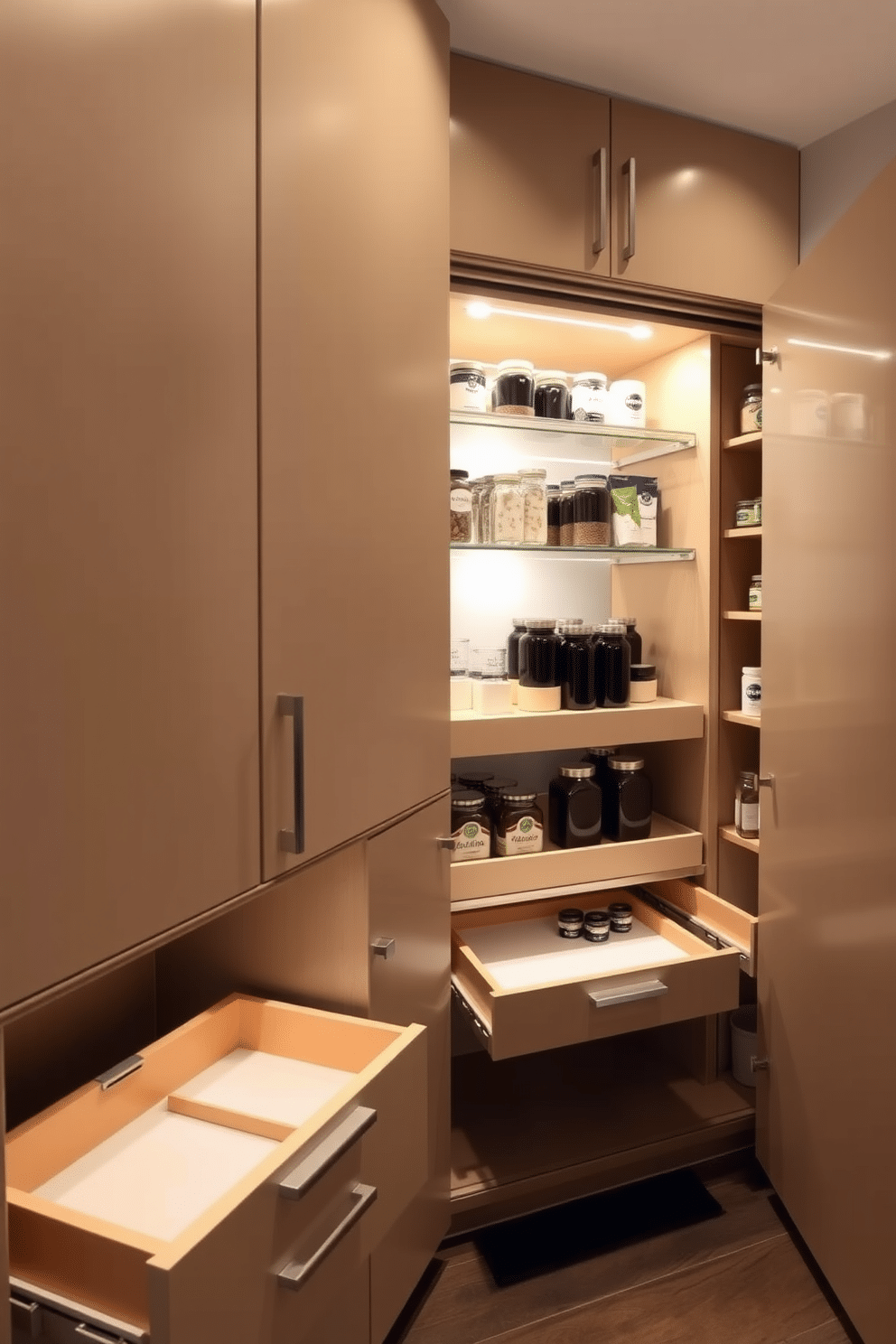 A modern condo pantry featuring sleek cabinetry with pull-out drawers designed for easy access to hidden items. The space is illuminated by under-cabinet lighting, highlighting the organized shelves filled with jars and containers in a minimalist aesthetic.