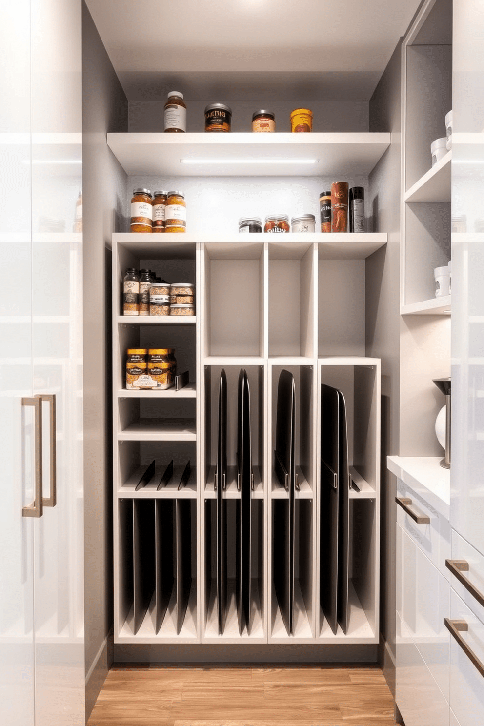 A modern condo pantry featuring sleek vertical dividers specifically designed for sheet pans, maximizing storage efficiency. The cabinetry is a high-gloss white with brushed nickel handles, and the walls are painted a soft gray to create a bright and airy feel. The pantry includes open shelving above for easy access to spices and cooking essentials, complemented by a stylish backsplash in a geometric pattern. Soft LED lighting illuminates the space, highlighting the organized layout and adding a warm ambiance.