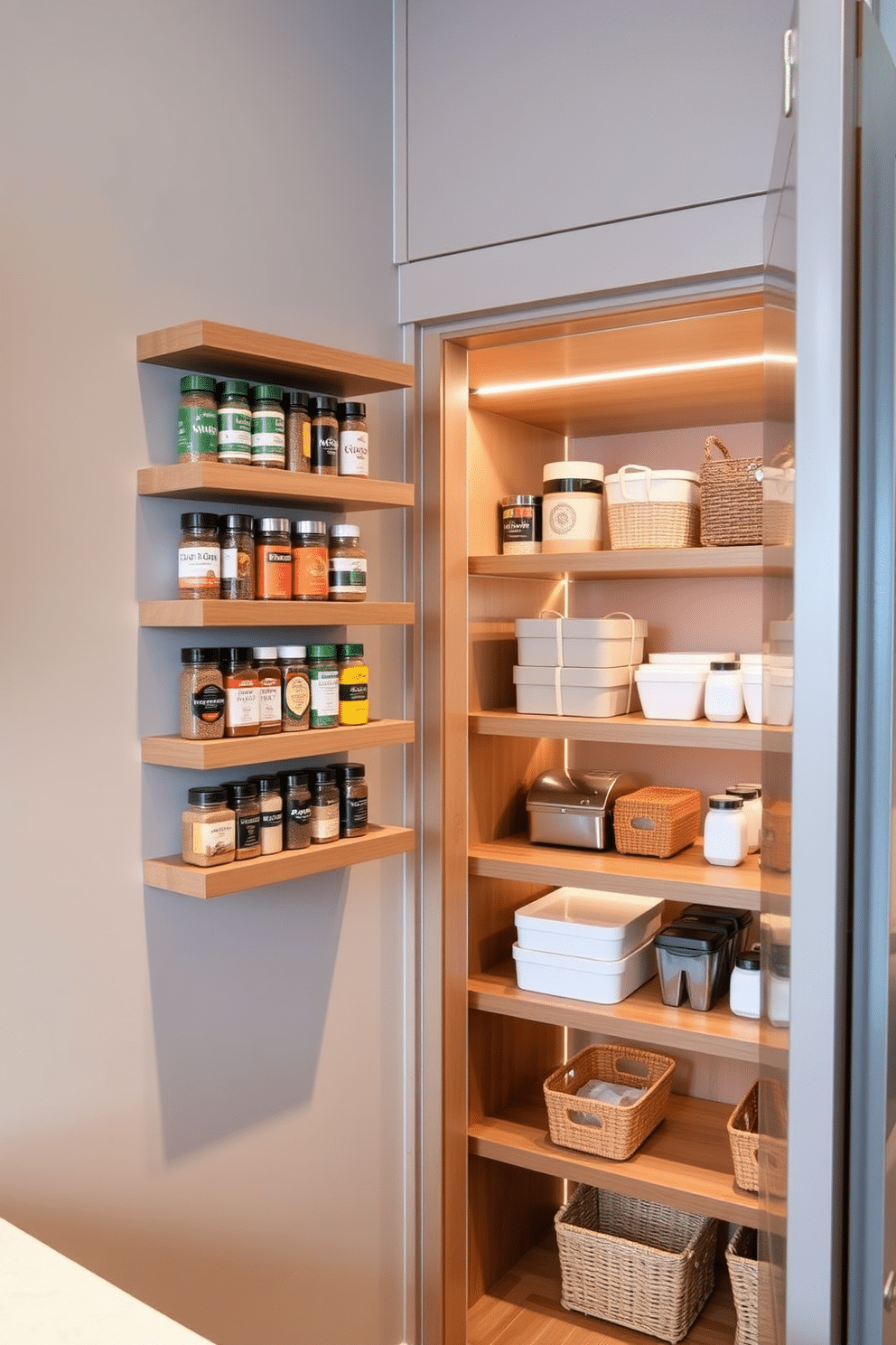 A sleek, multi-tiered spice rack is designed to maximize vertical space in a compact kitchen. The wooden shelves are arranged in a staggered pattern, showcasing an array of colorful spice jars against a backdrop of soft gray walls. In the condo pantry, open shelving combines functionality with style, featuring neatly organized containers and decorative baskets. The space is illuminated by warm LED lighting, highlighting the pantry's contemporary design and creating an inviting atmosphere.