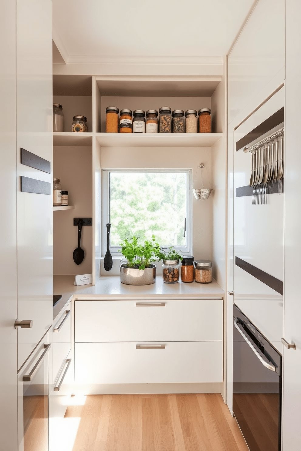 A modern condo pantry featuring sleek magnetic strips for spice jars, creating a clean and organized look. The pantry is designed with open shelving, showcasing neatly arranged jars and utensils against a backdrop of soft white cabinetry. Incorporating a minimalist aesthetic, the pantry includes a small herb garden on the windowsill, allowing for fresh ingredients at your fingertips. The flooring is a light hardwood, enhancing the bright and airy feel of the space while providing warmth.