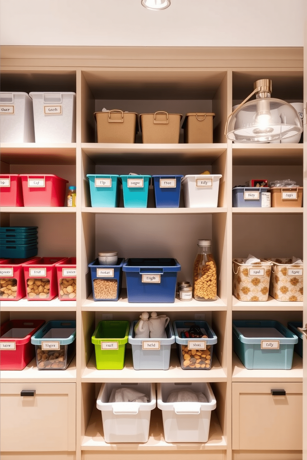 A modern condo pantry featuring labeled bins for quick identification. The bins are organized on open shelves, showcasing a variety of colors and materials that add a pop of personality to the space. The pantry walls are painted in a soft, neutral tone to create a bright and airy feel. Elegant lighting fixtures illuminate the area, enhancing the functionality and aesthetic appeal of the design.