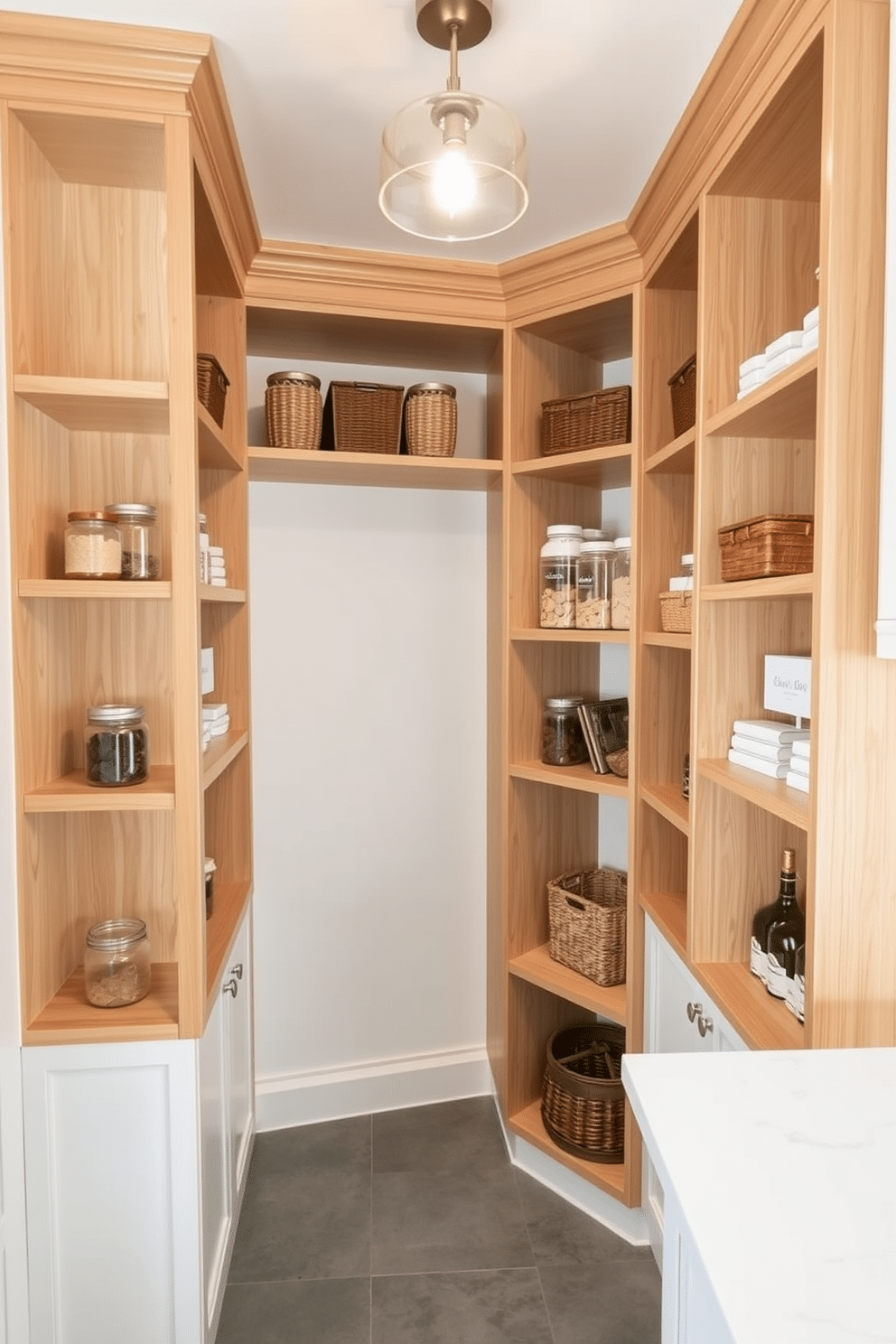 A stylish corner pantry featuring custom-built shelves that maximize vertical space. The shelves are made of light wood with a natural finish, adorned with neatly organized jars and baskets for a clean, modern look. The walls are painted in a soft white to enhance brightness, while the floor is finished with sleek gray tiles. A small, elegant light fixture hangs from the ceiling, illuminating the space and highlighting the pantry's functionality.