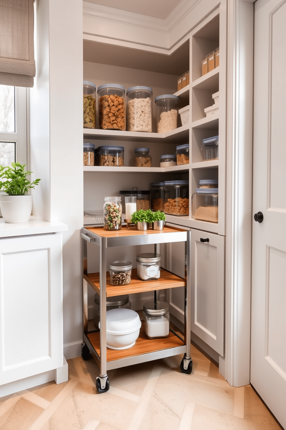 A stylish condo pantry featuring a sleek rolling cart for flexible storage solutions. The cart is made of brushed stainless steel with wooden shelves, positioned next to a wall of custom cabinetry painted in a soft white hue. The pantry is organized with clear storage containers for easy visibility of pantry staples. A small herb garden sits on the windowsill, adding a touch of greenery and freshness to the space.