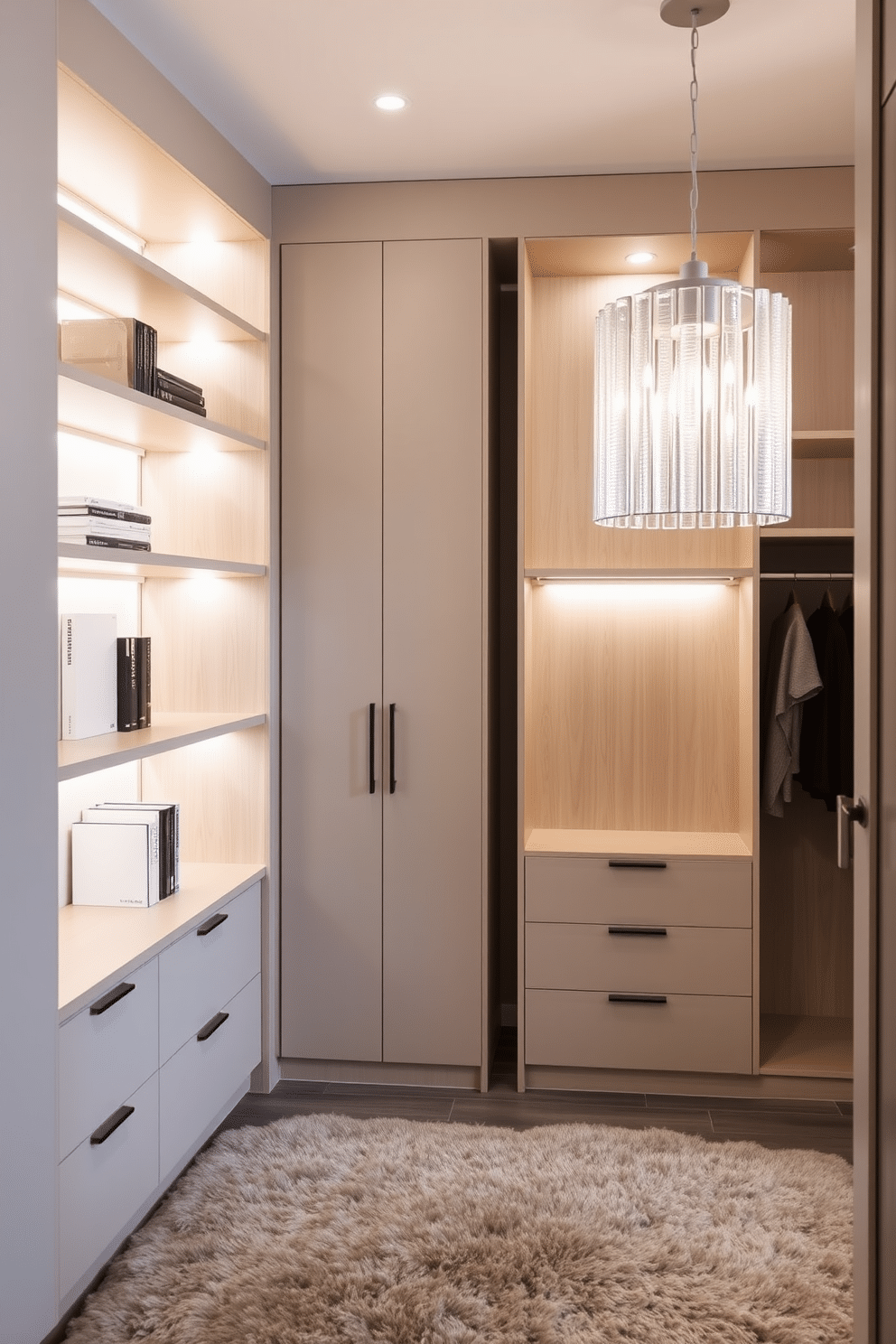 Sleek minimalist shelving with integrated lighting. The shelves are made of light wood, featuring clean lines and a simple design, illuminated by subtle LED strips that highlight decorative items and books. Condo walk-in closet design ideas. The space is optimized with floor-to-ceiling cabinetry in a soft gray finish, and a plush area rug anchors the room, while a stylish chandelier adds a touch of elegance.