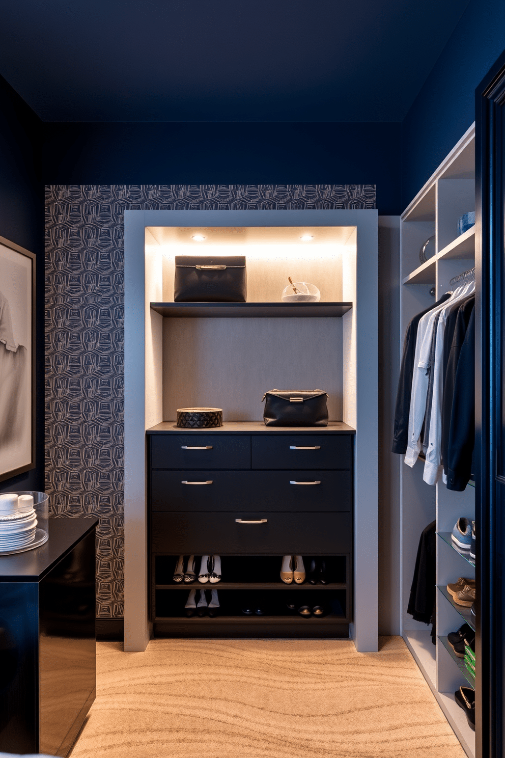 A striking accent wall features a deep navy blue paint, creating a dramatic focal point in the room. The wall is adorned with geometric-patterned wallpaper that adds texture and visual interest, complementing the surrounding decor. The condo walk-in closet is designed with custom shelving and hanging space, maximizing storage while maintaining a sleek appearance. Soft LED lighting illuminates the space, highlighting the elegant shoe display and organized accessories.