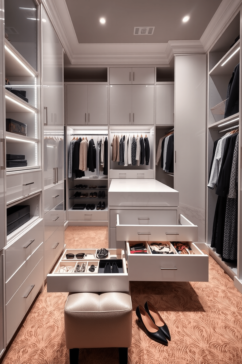 A luxurious walk-in closet featuring pull-out drawers specifically designed for accessories and jewelry. The cabinetry is finished in a high-gloss white, complemented by soft LED lighting that highlights the organized compartments. The closet layout includes a central island with additional storage, surrounded by hanging space for clothing. Plush carpeting in a neutral tone adds warmth, while a stylish ottoman provides a comfortable seating area for trying on shoes.