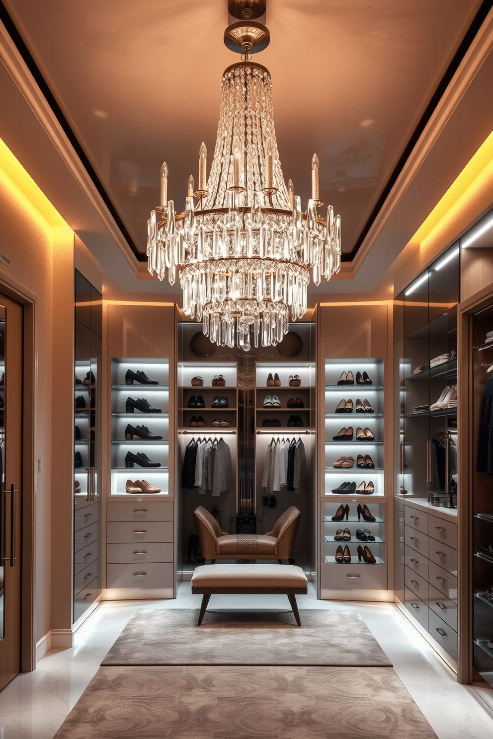 A stunning entrance features a luxe chandelier that cascades from the ceiling, adorned with crystal accents that refract light beautifully. The warm glow of the chandelier enhances the glamorous ambiance, creating an inviting atmosphere. The walk-in closet is designed with sleek, custom cabinetry that maximizes storage while maintaining an elegant aesthetic. Soft, ambient lighting highlights the organized display of shoes and accessories, while a plush seating area adds a touch of comfort.