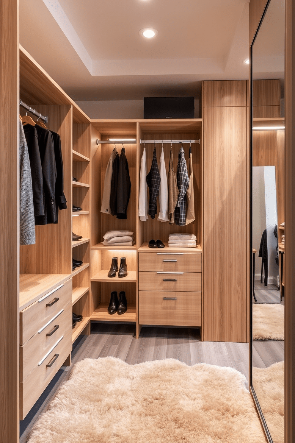 A stylish walk-in closet featuring adjustable shelving that seamlessly integrates into the design, allowing for versatile storage options. The shelves are crafted from a light wood finish, complemented by soft LED lighting that enhances visibility and creates a warm ambiance. The closet includes a mix of hanging space and open shelving, ideal for displaying accessories and shoes. A plush area rug in a neutral tone adds comfort underfoot, while a full-length mirror reflects the organized layout, making the space feel larger and more inviting.