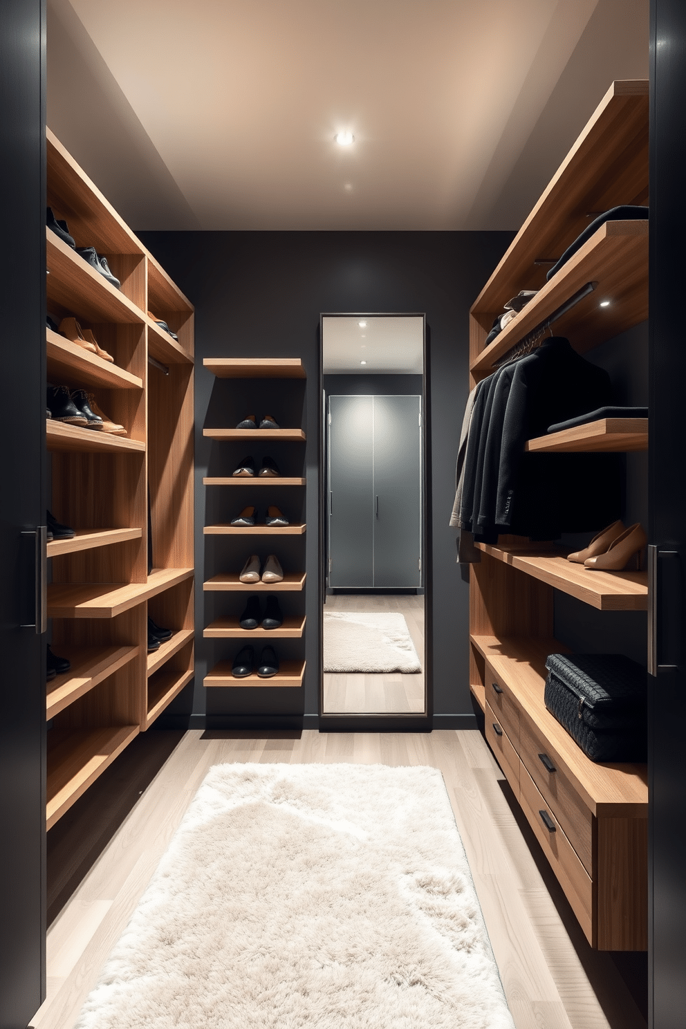 A sleek walk-in closet featuring floating shelves that create a modern aesthetic. The shelves are crafted from light wood and are arranged asymmetrically, providing a stylish display for shoes and accessories. The closet is illuminated by recessed lighting, highlighting the minimalist design. A plush area rug in a neutral tone adds warmth to the space, while a full-length mirror reflects the contemporary style.