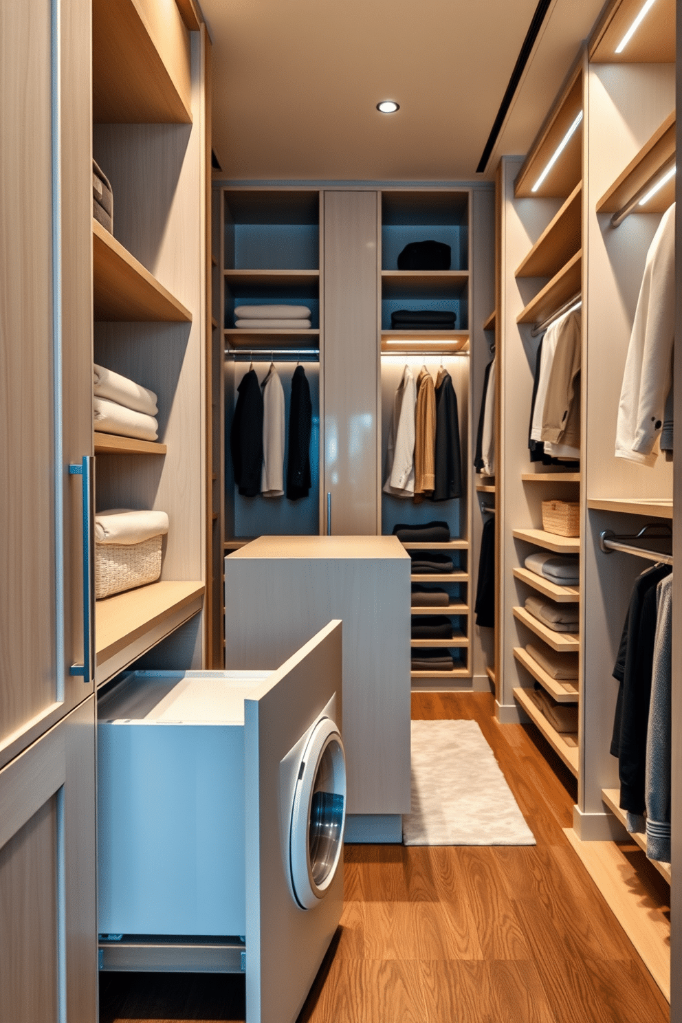 A hidden laundry hamper seamlessly integrated into a stylish condo walk-in closet, designed for maximum convenience and efficiency. The hamper features a sleek, pull-out design, blending with the cabinetry, while the closet showcases organized shelving and elegant lighting to enhance the overall aesthetic. A spacious condo walk-in closet with custom-built shelving units and a central island for accessories. The design incorporates a mix of open and closed storage, with a soft color palette and ambient lighting to create a luxurious and inviting atmosphere.