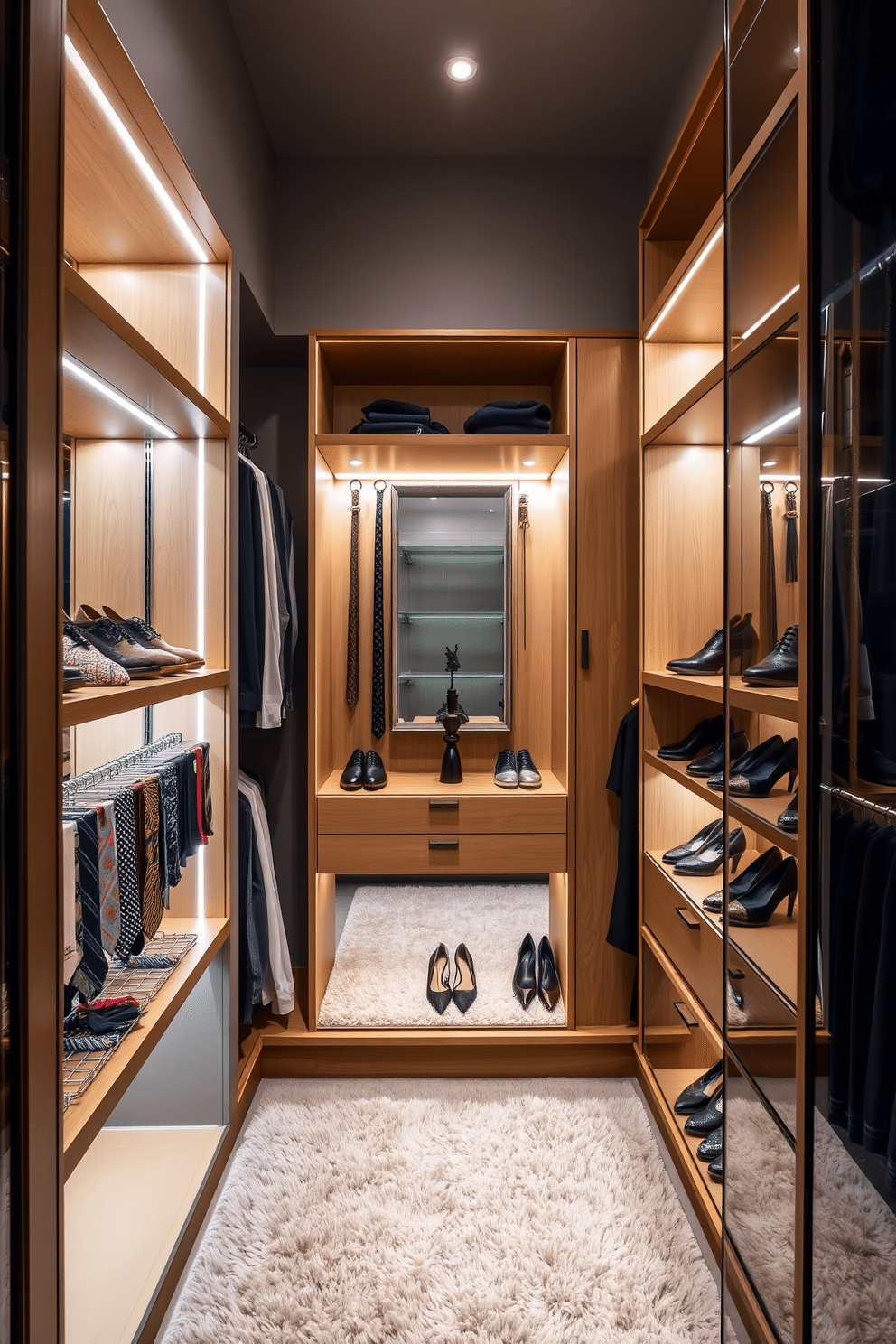 A stylish walk-in closet featuring rotating tie and belt racks for optimal organization. The space is illuminated by soft LED lighting, highlighting the sleek wooden shelves and elegant shoe displays. The walls are adorned with a soft gray paint, creating a calming atmosphere, while a plush area rug adds warmth underfoot. A full-length mirror reflects the organized accessories, making the closet both functional and visually appealing.