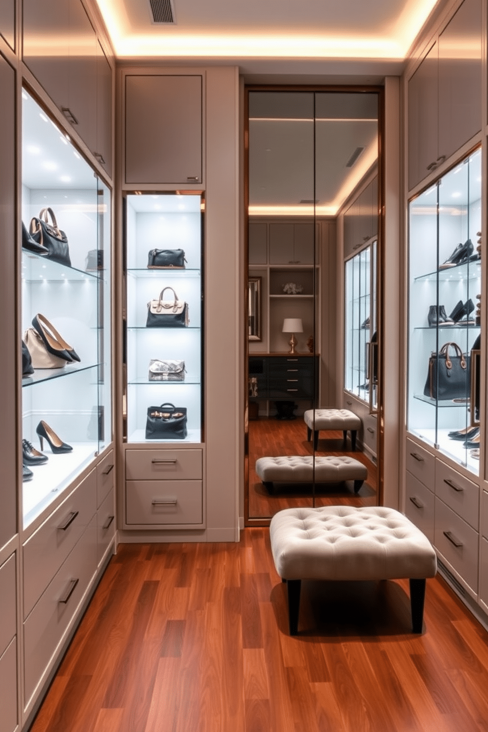 A luxurious walk-in closet featuring elegant glass display cases for handbags and shoes. The display cases are backlit, showcasing a curated selection of designer pieces, while the walls are lined with soft, neutral-toned cabinetry for additional storage. The space includes a plush seating area with a chic ottoman, perfect for trying on shoes. A large mirror reflects the stylish ambiance, and the flooring is a rich hardwood that adds warmth to the sophisticated design.