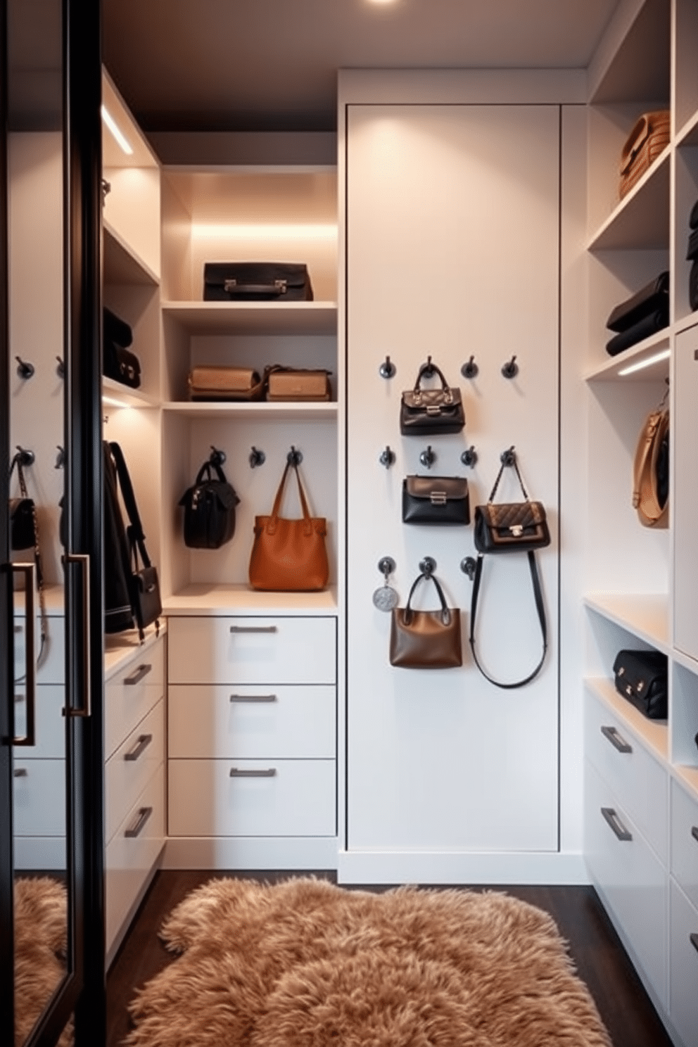 A stylish walk-in closet featuring wall-mounted hooks for bags and accessories. The hooks are arranged in an aesthetically pleasing layout, complementing the sleek cabinetry and soft ambient lighting. The closet boasts a combination of open shelving and closed storage, creating a functional yet chic space. A plush area rug adds warmth, while a full-length mirror reflects the organized accessories and curated bags.