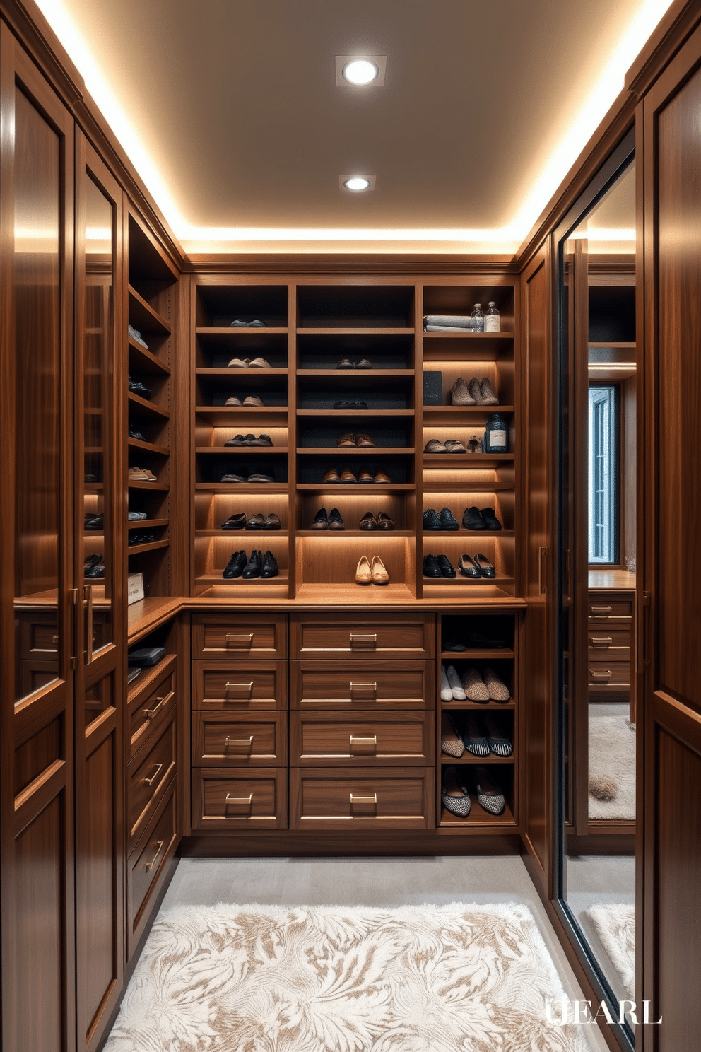 A luxurious walk-in closet featuring custom built-ins that maximize storage efficiency. The cabinetry is crafted from rich walnut wood, with soft-close drawers and elegant brass hardware, providing both functionality and style. The space is illuminated by warm LED lighting, highlighting the organized shelving for shoes and accessories. A plush area rug adds comfort underfoot, while a full-length mirror is strategically placed to enhance the sense of openness.