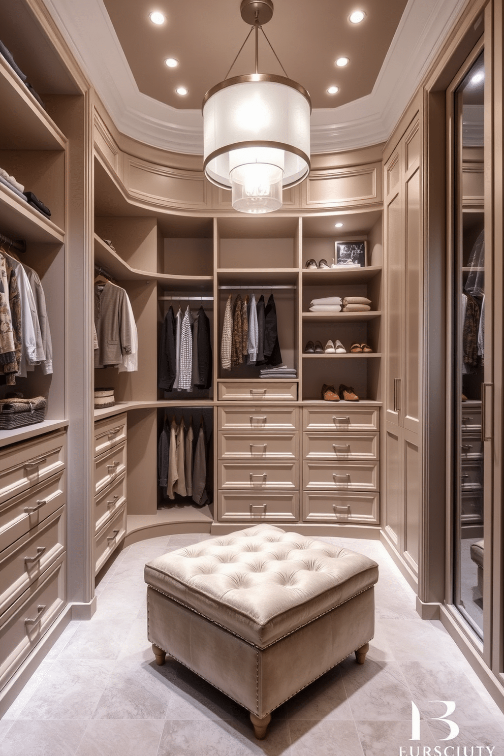 A luxurious walk-in closet featuring soft-close drawers for a quiet experience, ensuring a serene and organized space. The closet is designed with ample shelving, elegant lighting, and a plush ottoman for added comfort and style.