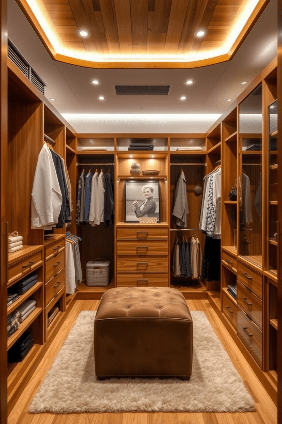 A luxurious walk-in closet featuring natural wood finishes that exude warmth and texture. The space is designed with custom shelving and hanging rods, complemented by soft LED lighting that highlights the rich grain of the wood. A plush area rug adds comfort underfoot, while a stylish ottoman provides a convenient seating area. Elegant accessories and organized storage solutions enhance the functionality and aesthetic appeal of this sophisticated closet space.