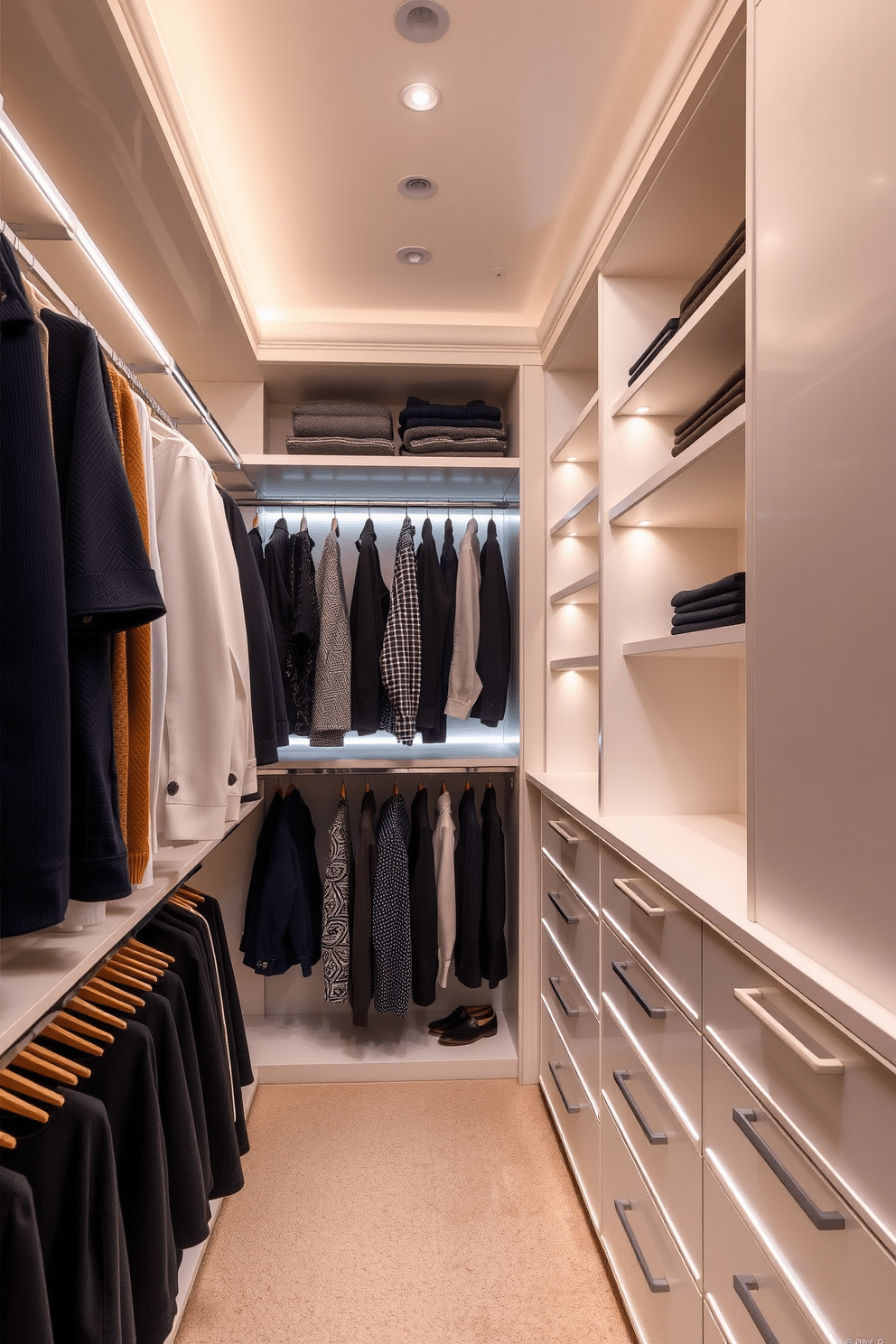 A luxurious walk-in closet featuring integrated lighting under sleek shelving for enhanced visibility. The space is designed with a combination of hanging racks and drawers, all finished in a soft white lacquer that reflects the warm glow of the lights.