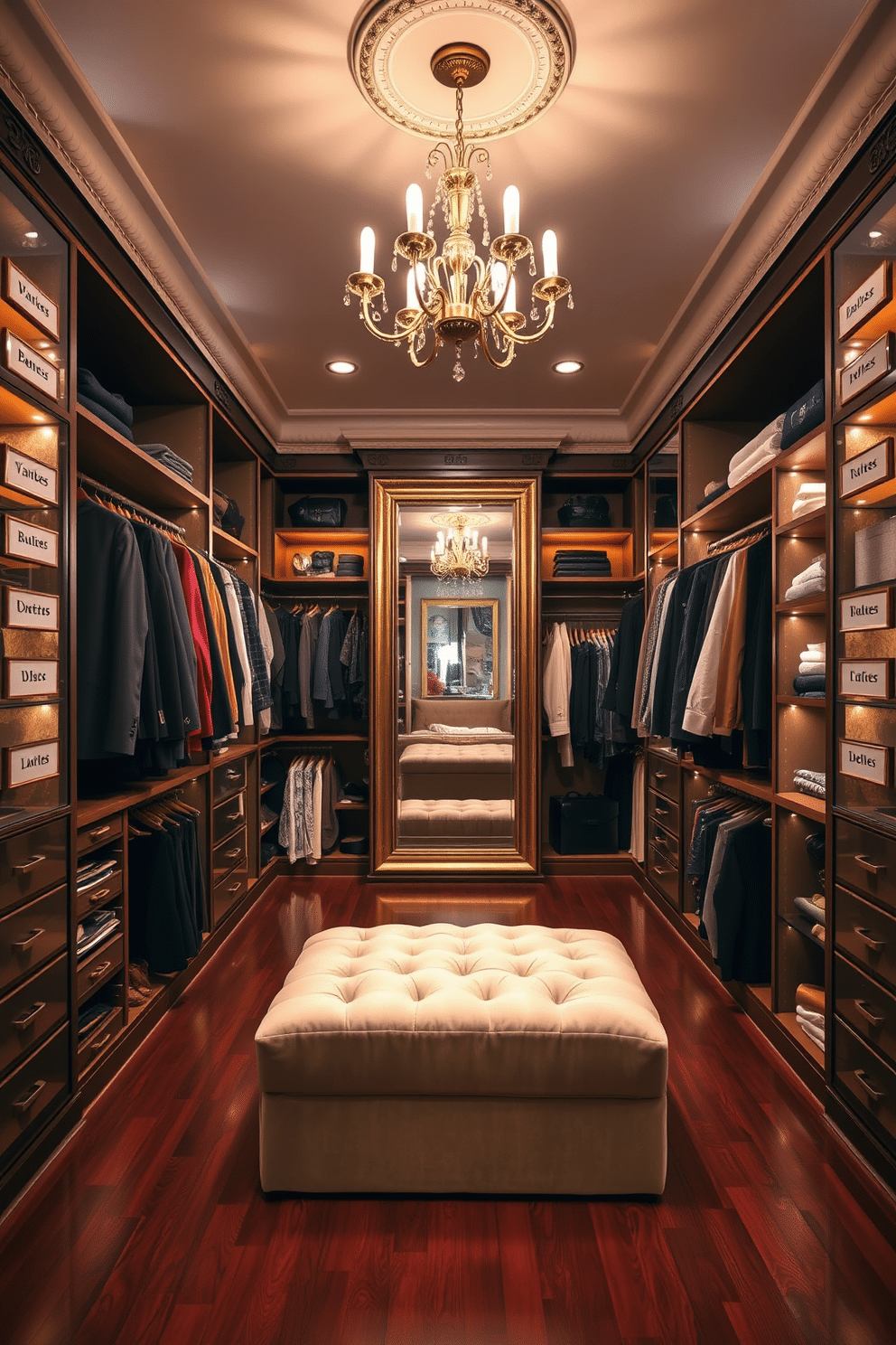 A luxurious walk-in closet featuring personalized labels for easy identification of clothing and accessories. The space is illuminated by soft, warm lighting, creating an inviting atmosphere with custom shelving and a plush ottoman in the center. The walls are adorned with elegant wallpaper, while the floor is finished with rich hardwood. A full-length mirror is strategically placed to enhance the sense of space, and a stylish chandelier adds a touch of glamour to the design.