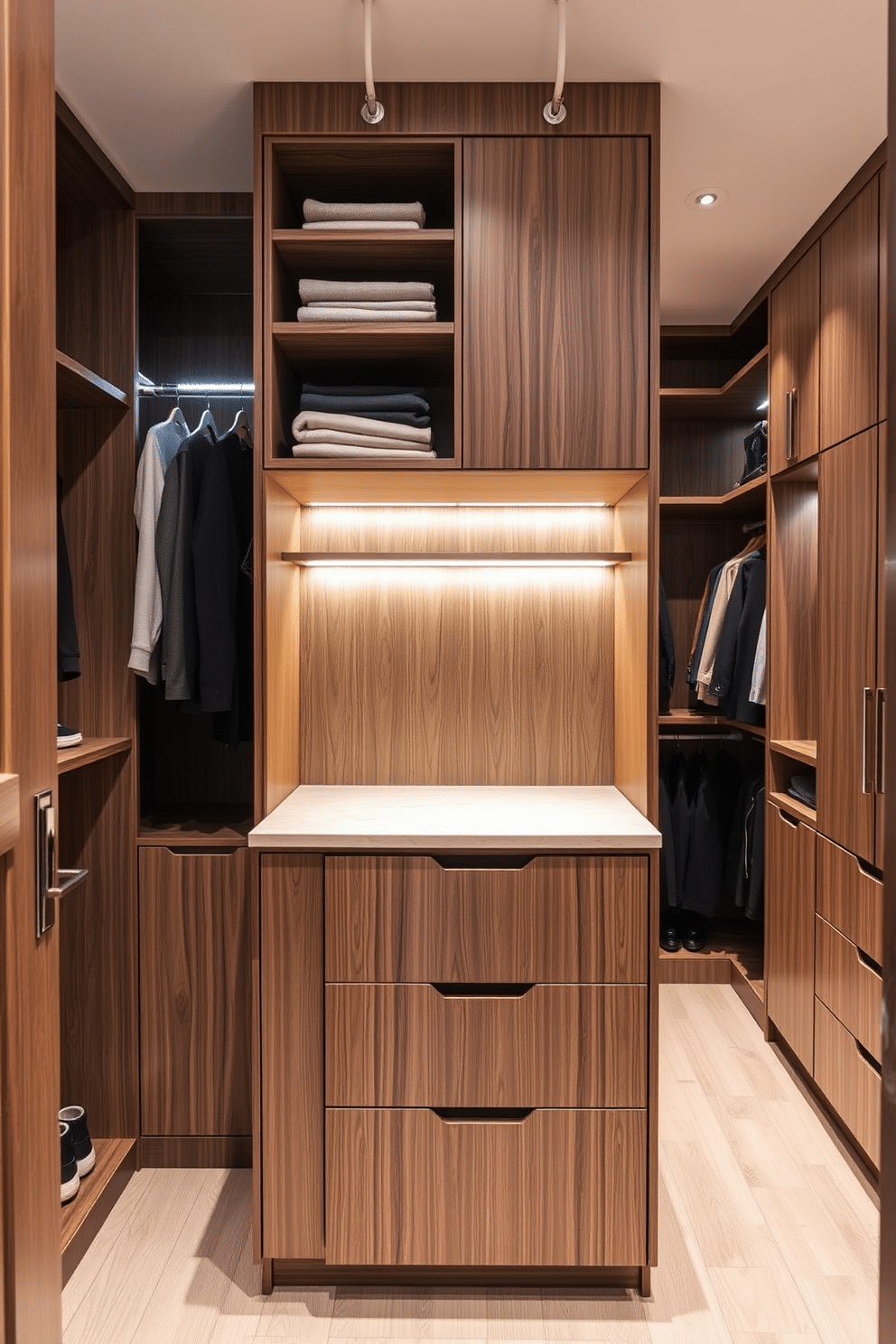 A compact folding station for clothes features a sleek, minimalist design with a built-in countertop made of light wood. Above the countertop, there are open shelves for easy access to folded items, and underneath, a series of pull-out drawers provide additional storage for smaller essentials. The condo walk-in closet design showcases a blend of functionality and elegance, with custom cabinetry in a rich walnut finish. Soft LED lighting illuminates the space, highlighting a central island with a marble top, surrounded by organized sections for shoes, bags, and accessories.