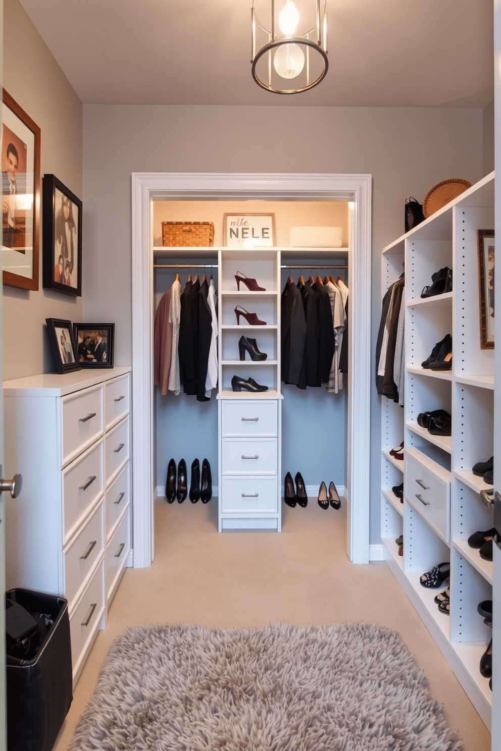 A stylish walk-in closet featuring custom shelving and hanging space, designed for optimal organization. The walls are painted in a soft gray, and a plush area rug adds warmth to the space. Personalized artwork and framed photos adorn the walls, showcasing cherished memories and adding a personal touch. Elegant lighting fixtures illuminate the area, highlighting the carefully curated collection of shoes and accessories.