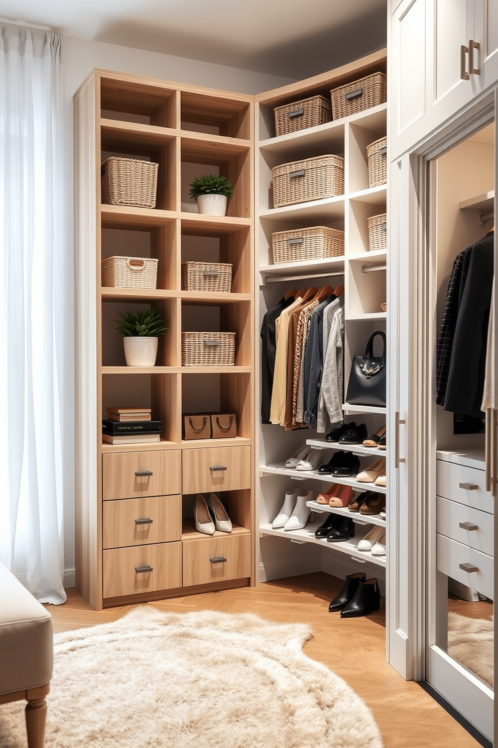 A stylish corner shelving unit is designed to maximize unused spaces, featuring a mix of open and closed storage options. The shelves are crafted from light wood, complemented by decorative baskets and potted plants, creating an inviting and functional display. The condo walk-in closet is elegantly organized with custom cabinetry in a soft white finish, providing ample storage for clothing and accessories. A plush area rug lines the floor, while strategically placed lighting highlights the beautifully arranged shoes and handbags.