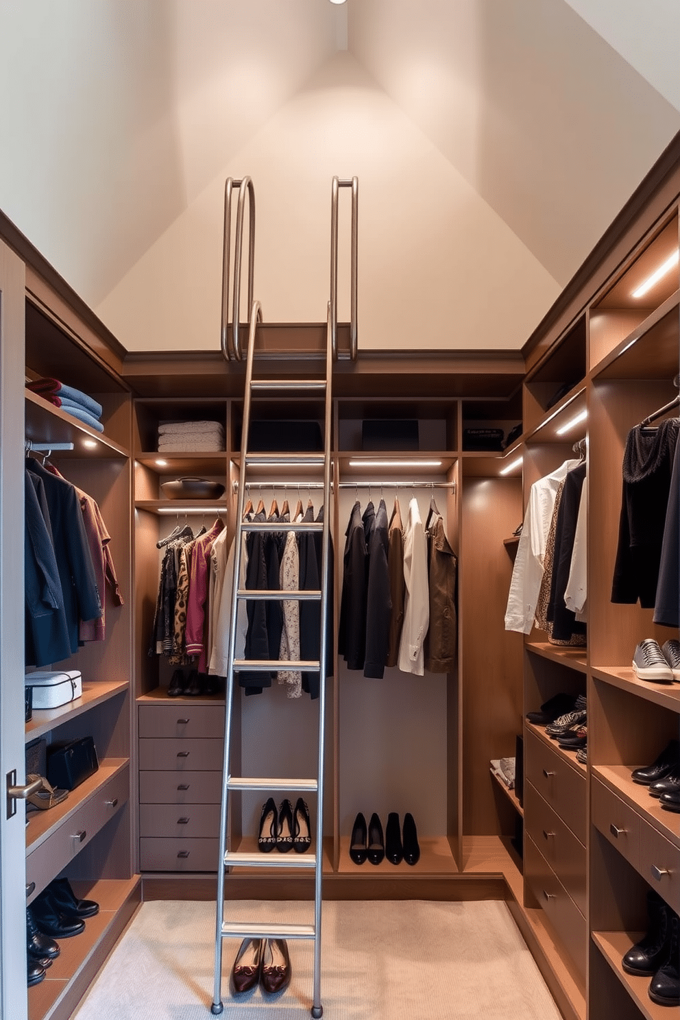 High ceilings create an open and airy feel in the walk-in closet, featuring a sleek ladder that provides easy access to elevated storage. The closet is designed with custom shelving and hanging rods, maximizing space while showcasing elegant accessories and shoes.