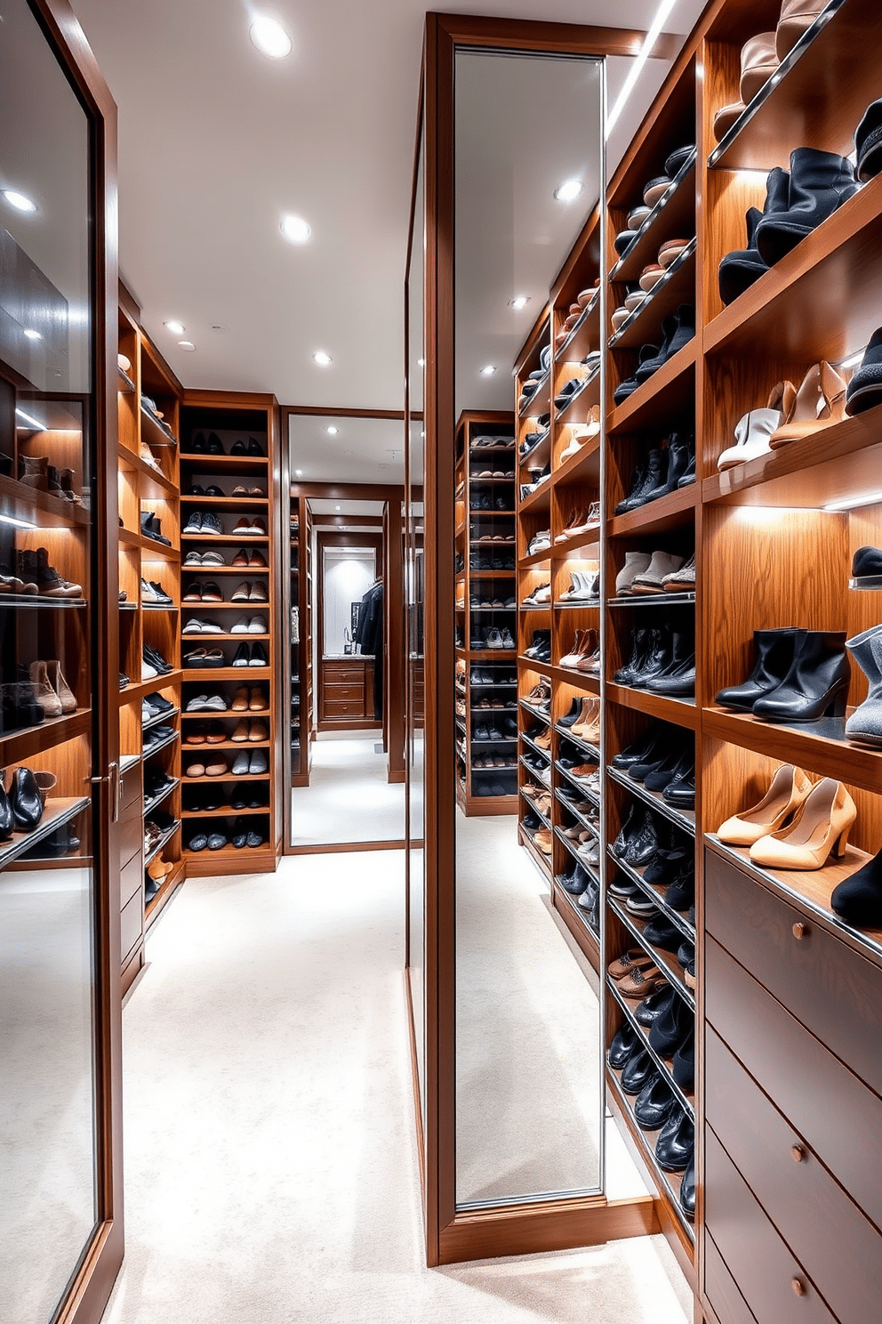 A stylish walk-in closet features double-sided shoe racks that provide easy access to an extensive collection of footwear. The racks are elegantly designed with a mix of open shelving and closed compartments, allowing for both display and organization. The closet is illuminated by soft, recessed lighting that highlights the rich wood finishes and plush carpeting underfoot. A full-length mirror is strategically placed to enhance the sense of space and functionality in this luxurious condo closet design.