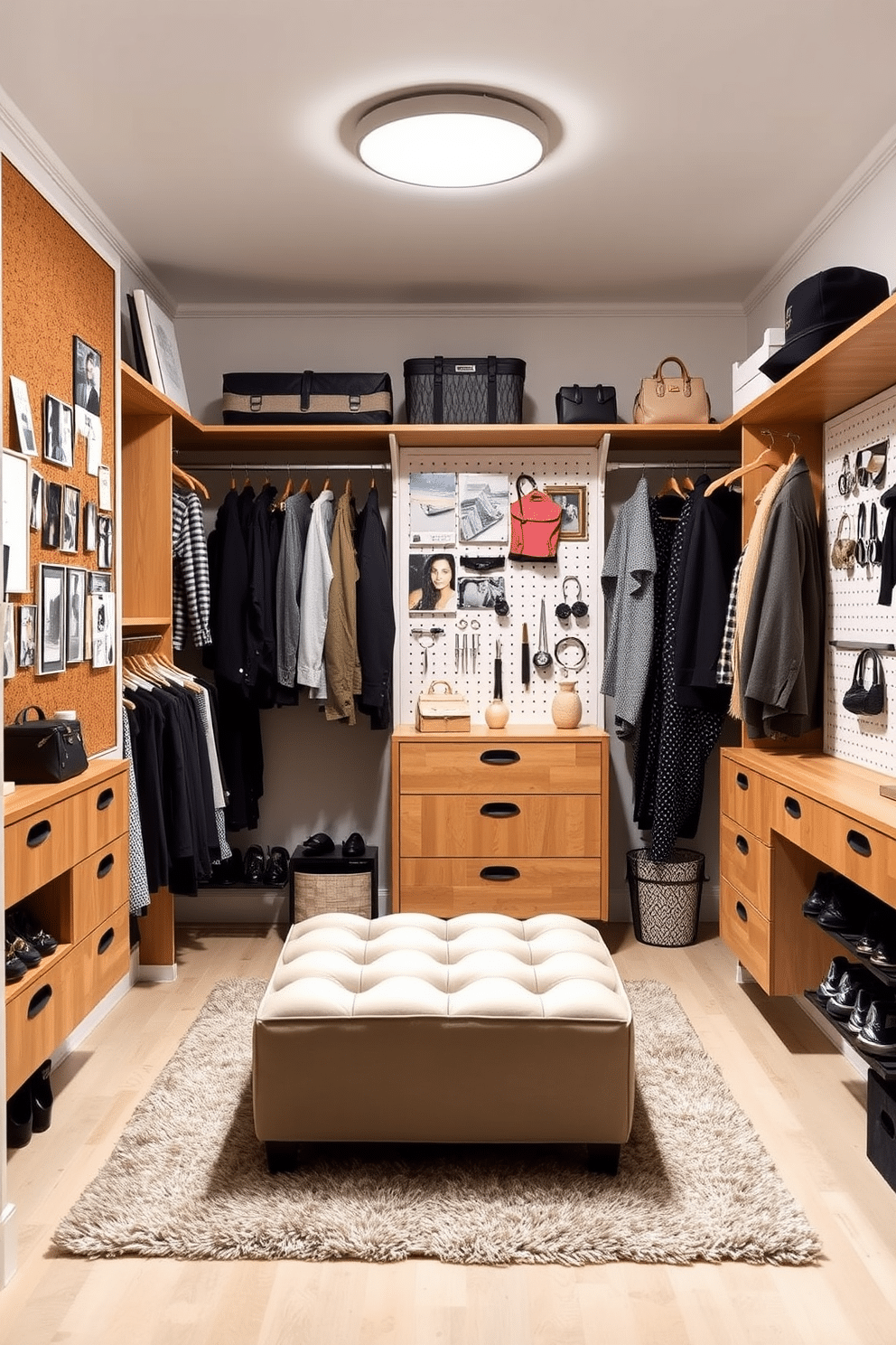 A stylish walk-in closet featuring a combination of corkboard and pegboard for inspiration and organization. The walls are painted in a soft white, with natural wood shelving and hanging rods to create a warm, inviting atmosphere. The corkboard displays an array of fashion inspirations, while the pegboard holds accessories and tools for easy access. Soft lighting illuminates the space, highlighting a plush area rug and a chic ottoman in the center for comfort and style.