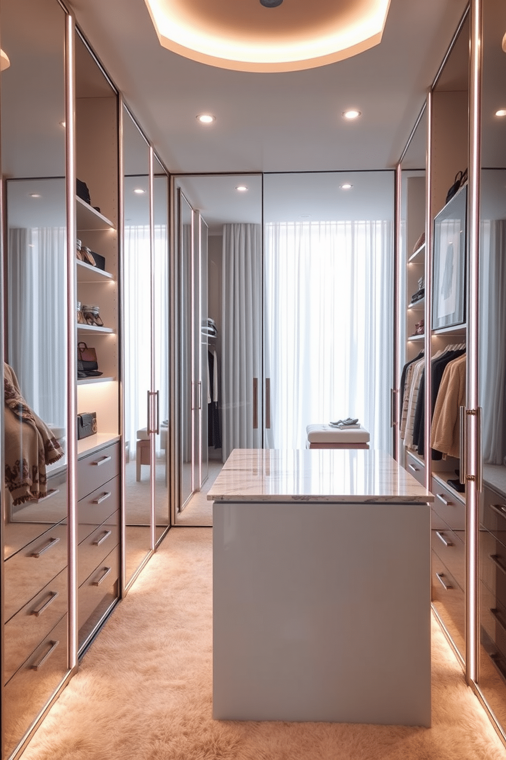 A chic walk-in closet featuring mirrored doors that reflect natural light, creating an airy and spacious feel. The design incorporates elegant shelving and hanging space, with soft LED lighting illuminating the stylish organization. The floor is adorned with plush carpeting, adding warmth and comfort underfoot. A central island with drawers provides additional storage, topped with a beautiful marble surface for displaying accessories.