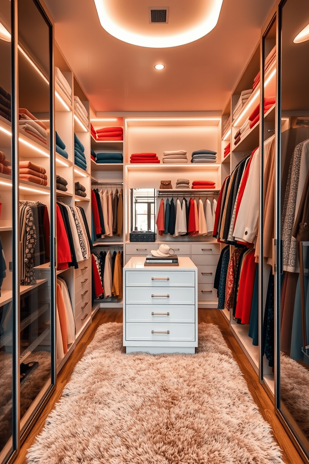 A stylish walk-in closet featuring color-coordinated clothes arranged by hue, creating a visually pleasing display. Soft LED lighting highlights the organized shelves, while a plush area rug adds warmth to the space. The closet includes a central island with drawers for accessories, surrounded by elegant hanging racks. Mirrored sliding doors reflect the chic interior, enhancing the sense of space and sophistication.