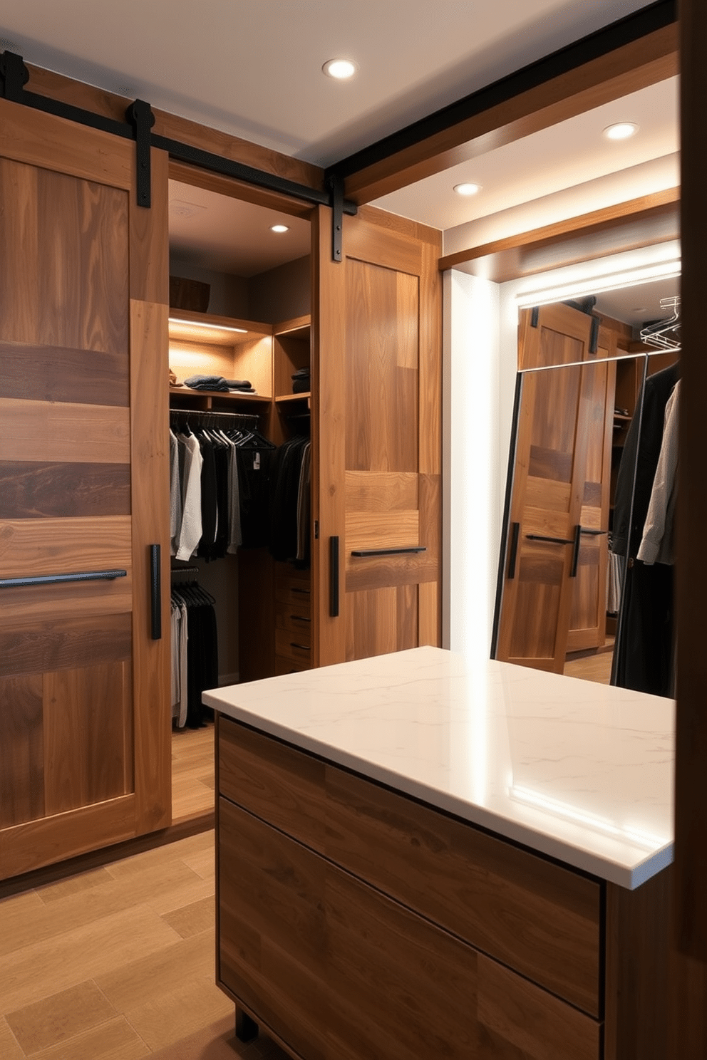 A stylish walk-in closet featuring sliding barn doors made of reclaimed wood, adding a rustic charm to the modern condo space. Inside, built-in shelving and hanging racks provide ample storage, while soft ambient lighting enhances the cozy atmosphere. The closet is designed with a central island for accessories, topped with a sleek marble surface. A full-length mirror is positioned against one wall, reflecting the warm tones of the wood and the elegant finishes throughout the space.