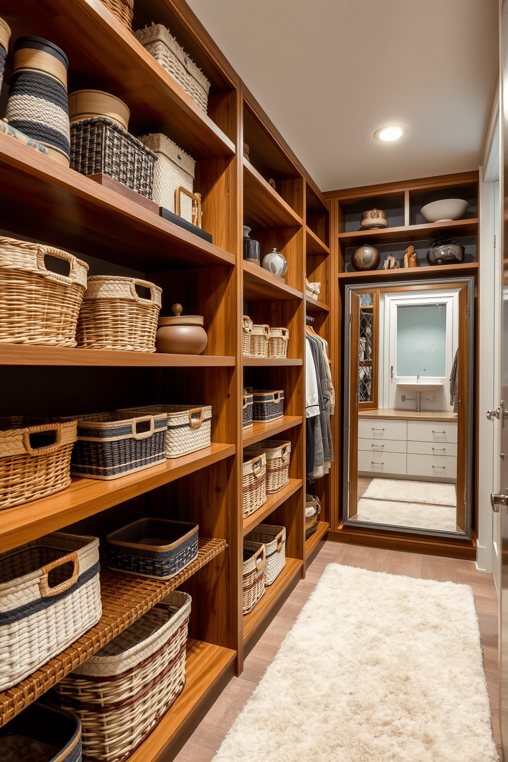 Open shelving lines the walls of the walk-in closet, showcasing a curated collection of decorative baskets in various textures and colors. The baskets are neatly arranged, providing both style and functionality, while the shelves above are adorned with elegant accessories and seasonal decor. The closet features a spacious layout with a plush area rug underfoot and soft, ambient lighting that enhances the warm wood tones of the shelving. A full-length mirror is positioned to reflect the organized beauty of the space, creating an inviting atmosphere for dressing and storage.