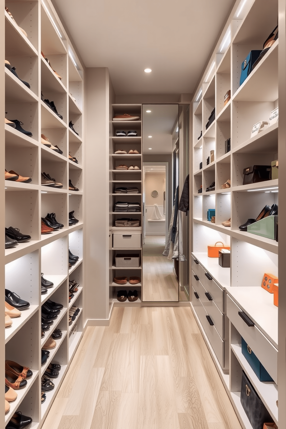 A modern walk-in closet designed for a condo, featuring vertical storage solutions to maximize space. Tall, sleek shelving units line the walls, filled with neatly organized shoes and accessories, while a central island provides additional storage and a countertop for styling. The closet is illuminated by soft, recessed lighting that highlights the elegant finishes. A full-length mirror is positioned strategically to enhance the sense of space, and the color palette consists of light neutrals with pops of color from decorative storage boxes.