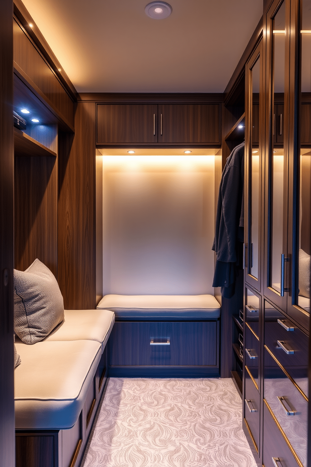 A cozy condo walk-in closet featuring built-in seating with plush cushions for comfort. The space is illuminated by soft, warm lighting, enhancing the rich wooden cabinetry and stylish storage solutions.