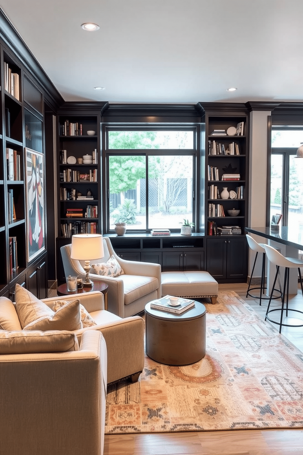 Cozy reading nook with built-in shelves. The nook features a plush armchair in a soft fabric, positioned next to a large window that lets in natural light. Surrounding the chair, built-in shelves are filled with an array of books and decorative items, creating an inviting atmosphere. A small side table holds a warm cup of tea and a reading lamp, enhancing the cozy vibe. Contemporary Basement Design Ideas. The basement showcases an open layout with sleek furniture in neutral tones, providing a modern yet comfortable space for relaxation and entertainment. Large windows allow natural light to flood the area, while a stylish area rug defines the seating arrangement. A bar area with minimalist stools complements the overall contemporary aesthetic.