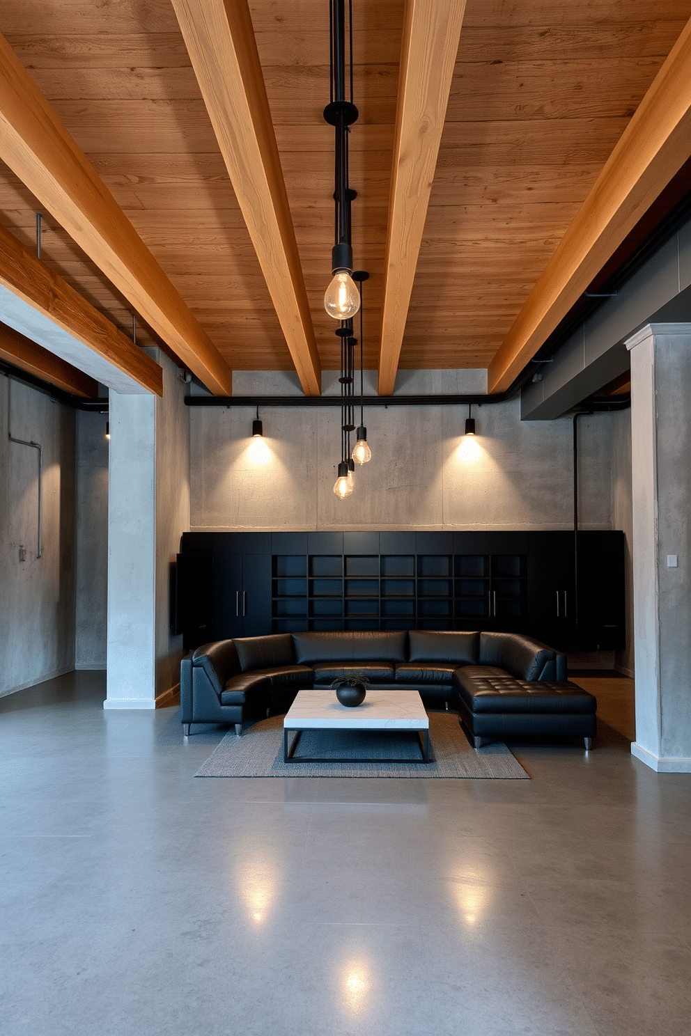 A contemporary basement design featuring industrial style elements. The space showcases exposed wooden beams across the ceiling, complemented by sleek concrete walls and polished flooring. In the center, a comfortable seating area includes a large sectional sofa with leather upholstery and a minimalist coffee table. Ambient lighting fixtures hang from the beams, creating a warm and inviting atmosphere for relaxation or entertainment.