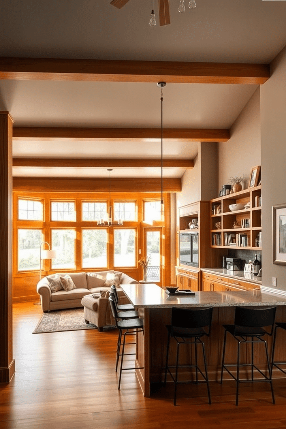 A contemporary basement design featuring warm wood accents creates an inviting atmosphere. The space includes a cozy seating area with a plush sofa, complemented by wooden shelves adorned with books and decorative items. Natural light floods in through large windows, enhancing the warm tones of the wooden beams and flooring. A sleek bar area with wooden cabinetry and stylish stools invites relaxation and entertainment.