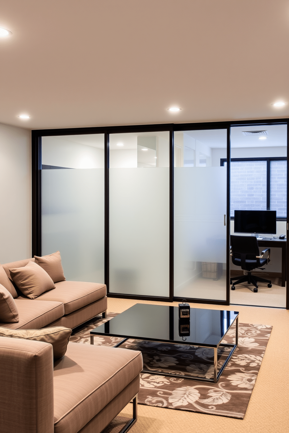 A contemporary basement design featuring glass partitions to define different areas. The space includes a cozy lounge area with a plush sectional sofa and a sleek coffee table, separated from a modern home office by elegant frosted glass panels.