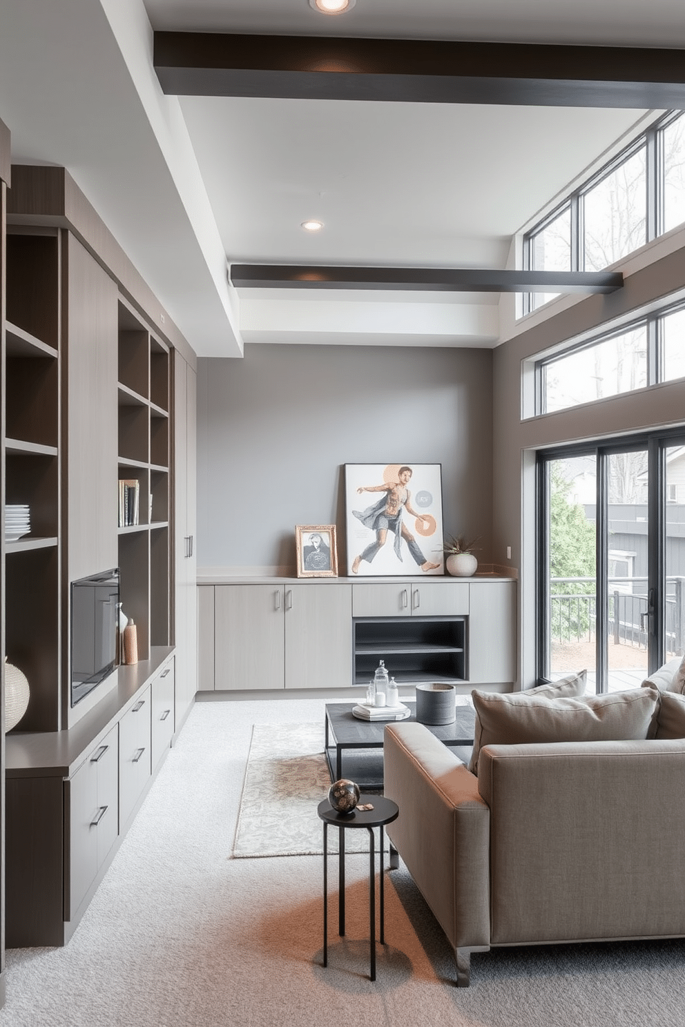 A contemporary basement designed for both functionality and style. The space features built-in shelving units and hidden storage compartments, seamlessly integrated into the walls to maintain a clean, uncluttered look. The color palette is a mix of soft grays and warm neutrals, creating a cozy atmosphere. Large windows allow natural light to flood the area, highlighting the sleek furniture and modern decor accents.