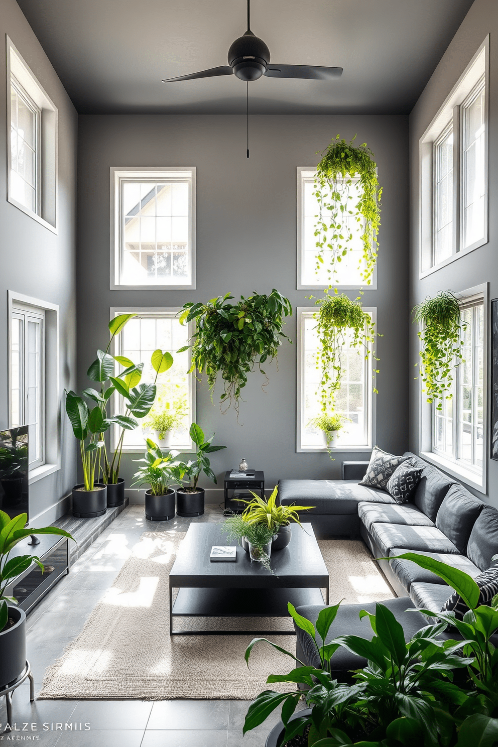 A contemporary basement design featuring an open layout with natural light streaming in through large windows. The space is adorned with a variety of indoor plants, including tall fiddle leaf figs and cascading pothos, adding a fresh touch to the modern aesthetic. The walls are painted in a soft gray, complemented by sleek black furniture and a cozy sectional sofa. A stylish coffee table sits in the center, surrounded by vibrant green plants that enhance the inviting atmosphere of the basement retreat.