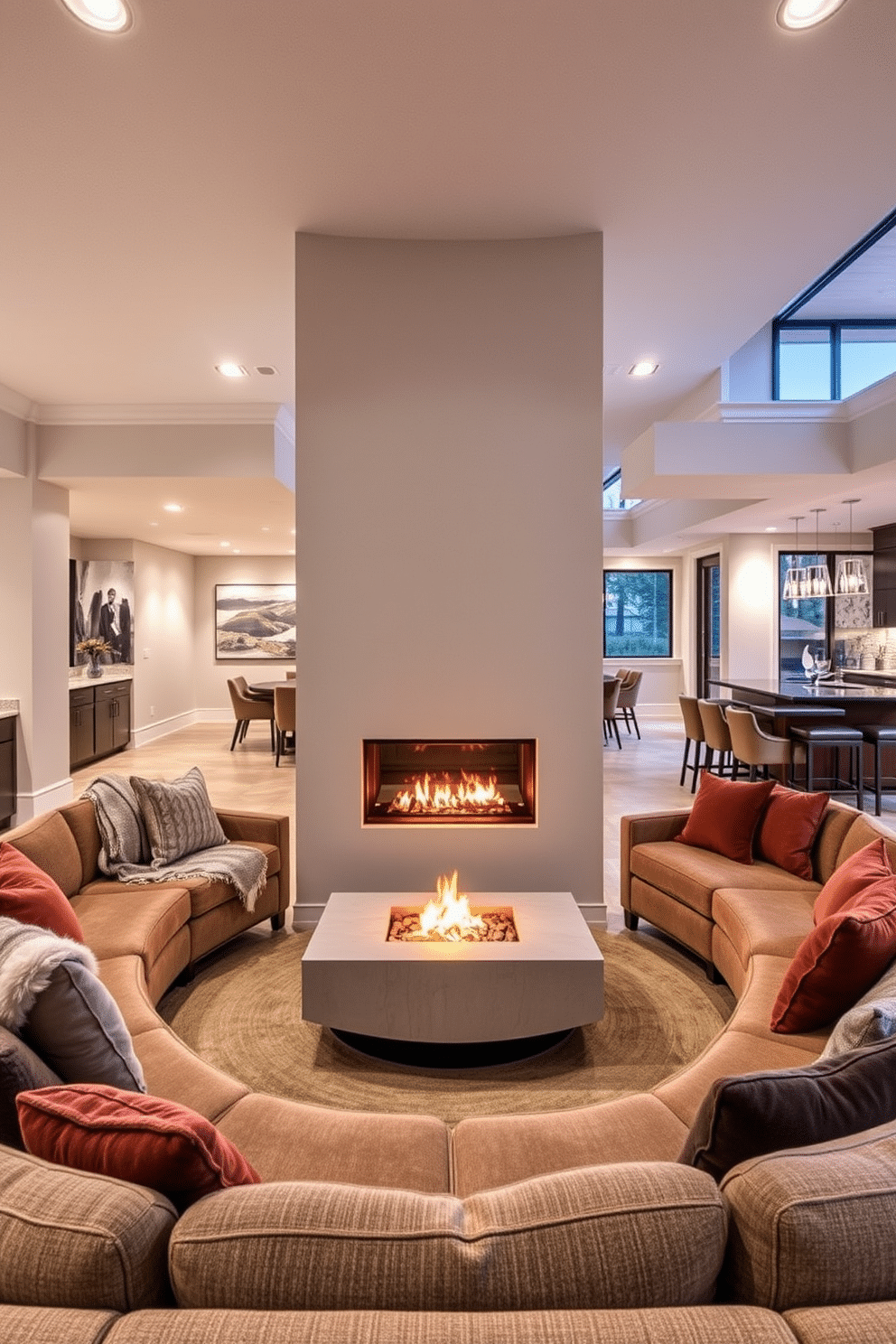 A modern fireplace serves as the focal point of a cozy gathering space, featuring a sleek, minimalist design with a linear shape and a warm, glowing flame. Surrounding the fireplace, plush seating is arranged in a circular layout, complemented by soft throws and ambient lighting to create an inviting atmosphere. The contemporary basement design showcases an open layout with high ceilings and large windows that allow natural light to flood the space. Stylish furnishings, such as a sectional sofa and a chic bar area, enhance the functionality while maintaining a sophisticated aesthetic.