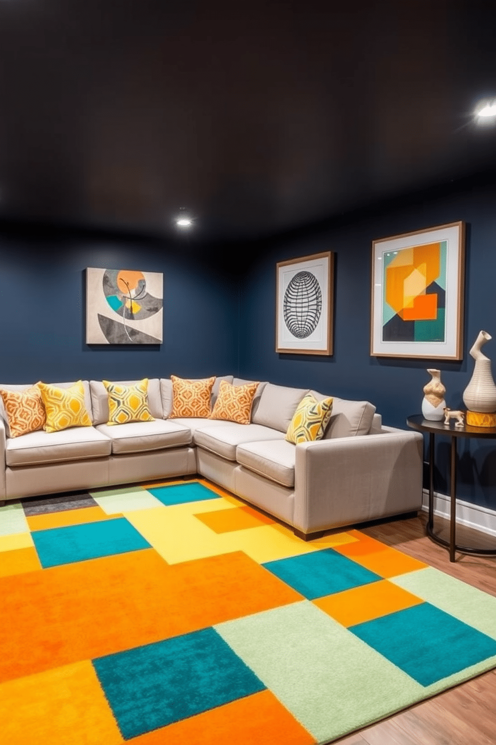 A contemporary basement design featuring bold geometric patterns in decor. The walls are painted in a deep navy blue, creating a striking backdrop for a large area rug with vibrant, geometric shapes in shades of orange, yellow, and teal. A sleek sectional sofa in a neutral tone is adorned with throw pillows that echo the bold patterns of the rug. Accent lighting highlights the unique artwork on the walls, showcasing a mix of geometric prints and modern sculptures.