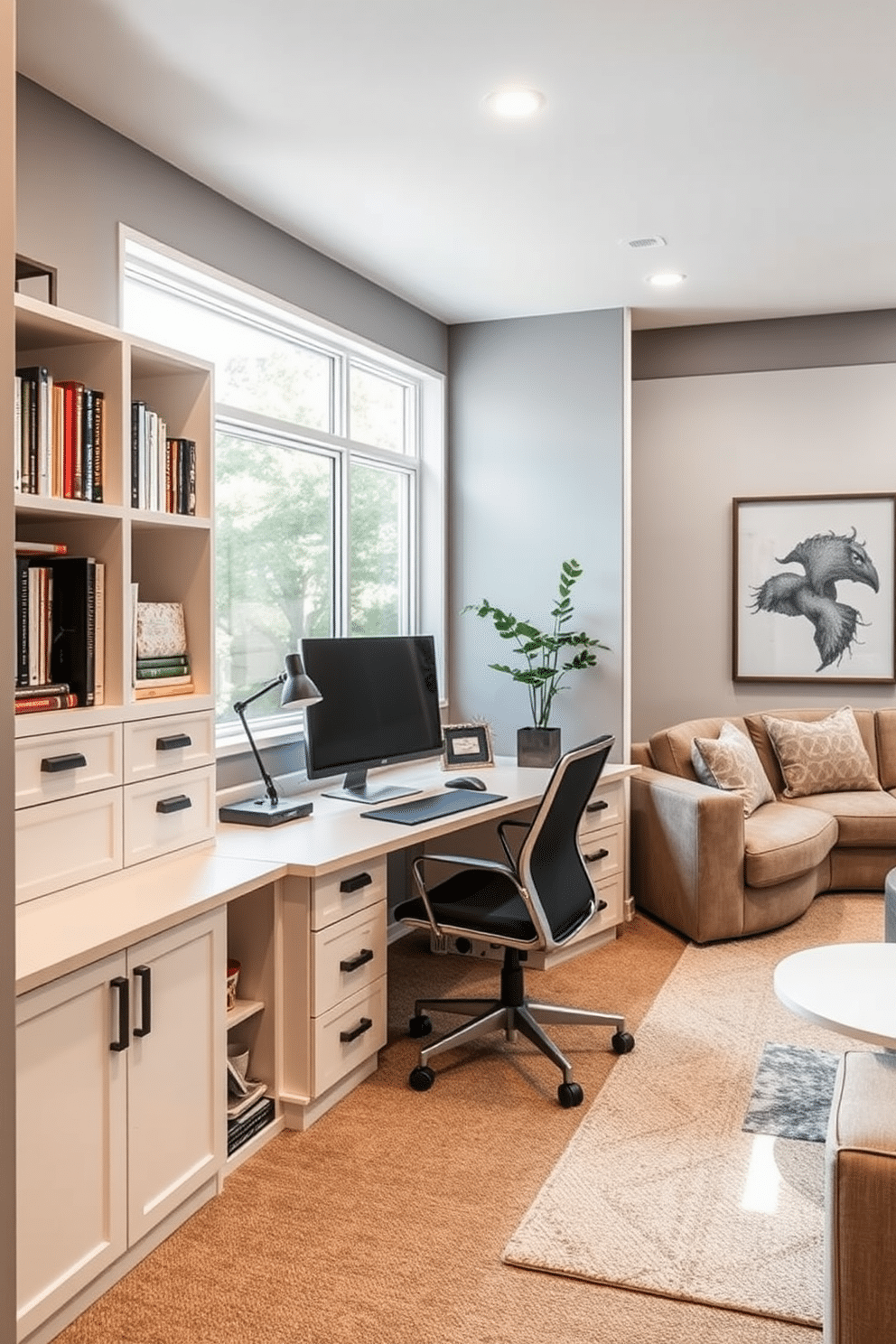 A functional home office corner setup featuring a sleek desk with built-in storage and an ergonomic chair. Natural light floods the space through a large window, and a stylish bookshelf filled with books and decorative items adds personality to the room. Contemporary basement design ideas showcasing an open layout with a cozy lounge area. The walls are painted in a soft gray, complemented by a plush sectional sofa and a modern coffee table, while recessed lighting creates an inviting atmosphere.