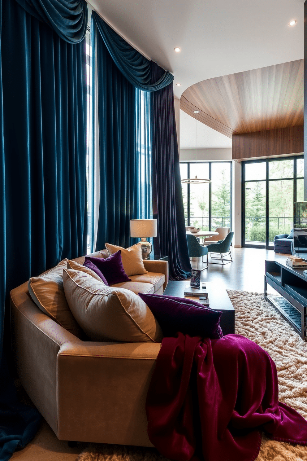 Luxurious textiles drape elegantly throughout the space, featuring rich velvets and soft silks in deep jewel tones. A plush area rug anchors the seating area, while oversized cushions add comfort and style to the modern furniture. The contemporary basement is designed with an open layout, showcasing sleek lines and minimalist decor. Large windows allow natural light to flood in, highlighting the warm wood accents and sophisticated lighting fixtures.