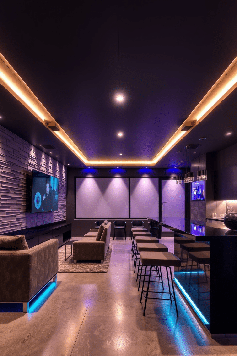 A sleek contemporary basement designed for entertainment features an integrated sound system seamlessly embedded within the walls. The space includes plush seating arrangements, a large flat-screen TV, and ambient lighting that enhances the overall atmosphere. The design incorporates a stylish bar area with modern stools and a variety of entertainment options. Textured wall panels and a polished concrete floor add sophistication, while large windows provide natural light, making the basement feel inviting and spacious.