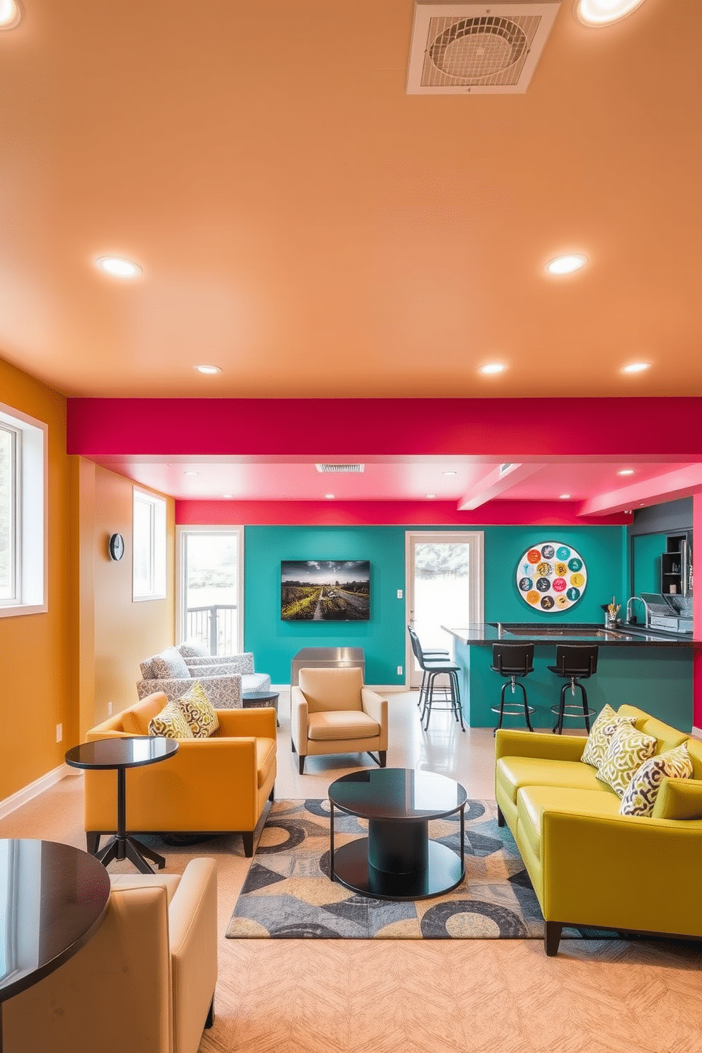 A contemporary basement design featuring bright accent walls in vibrant colors to create visual interest. The space includes a cozy lounge area with modern furniture, a sleek bar setup, and large windows that allow natural light to flood in, enhancing the lively atmosphere.