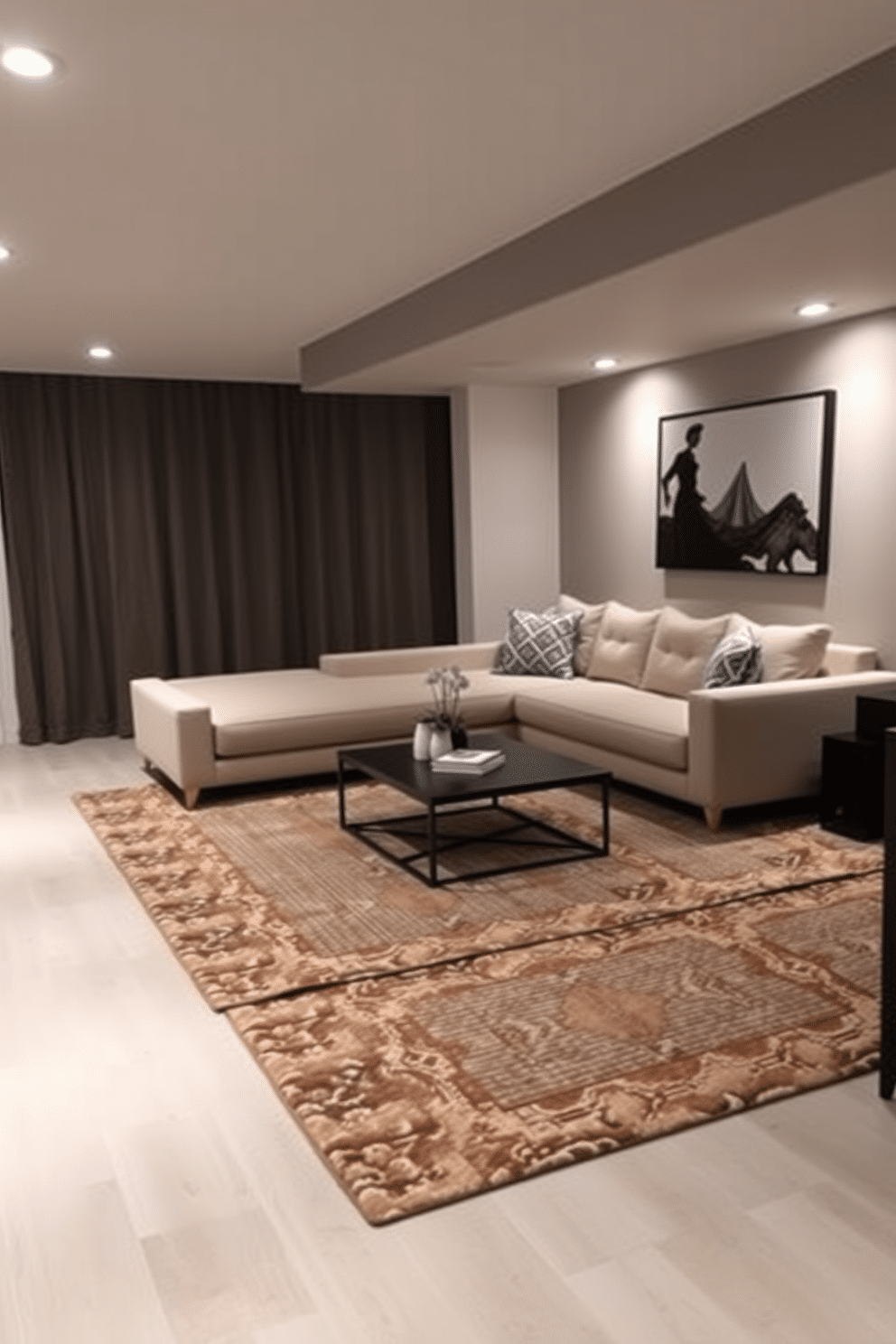 A contemporary basement design featuring a cozy lounge area with textured rugs that add warmth and comfort underfoot. The space includes a sleek sectional sofa in a neutral color, complemented by a modern coffee table and ambient lighting that creates an inviting atmosphere.