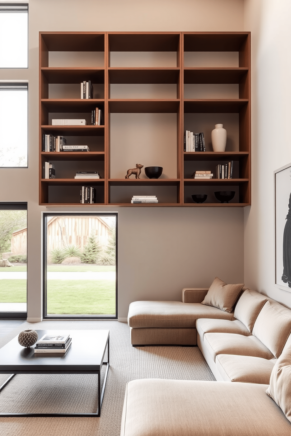 A minimalist shelving unit is mounted on a light-colored wall, featuring clean lines and a sleek design that enhances the spaciousness of the room. The shelves are filled with a curated selection of books and decorative objects, maintaining an uncluttered aesthetic that promotes tranquility. The contemporary basement is designed with an open layout, showcasing large windows that allow natural light to flood the space. A plush sectional sofa in neutral tones anchors the room, complemented by a modern coffee table and a statement art piece on the wall.