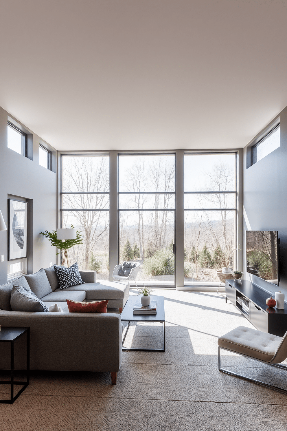 A contemporary basement design featuring large windows that flood the space with natural light, creating an inviting and airy atmosphere. The walls are painted in a soft gray, complemented by sleek, modern furniture and stylish decor elements that enhance the overall aesthetic.